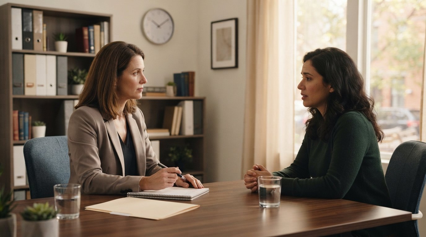 Custody evaluator in a blazer sitting at a desk with a notepad facing a parent in a softly lit family law office