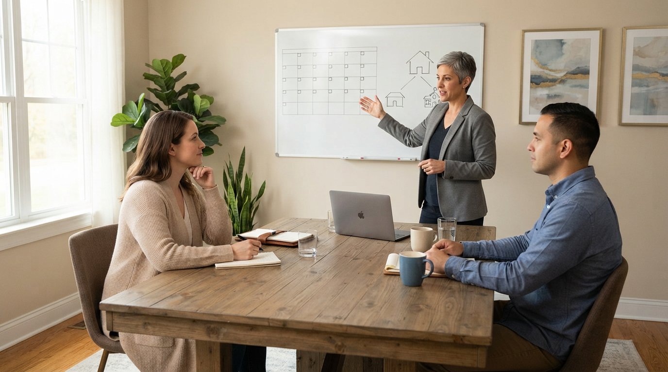 Two parents sit across a wooden conference table from a mediator in a gray blazer who gestures toward a whiteboard calendar…
