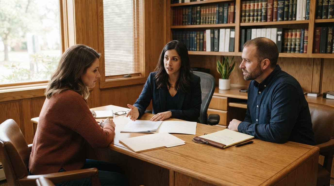 Two parents sit across a wooden desk from a female attorney in a navy blazer reviewing custody paperwork in a softly lit…