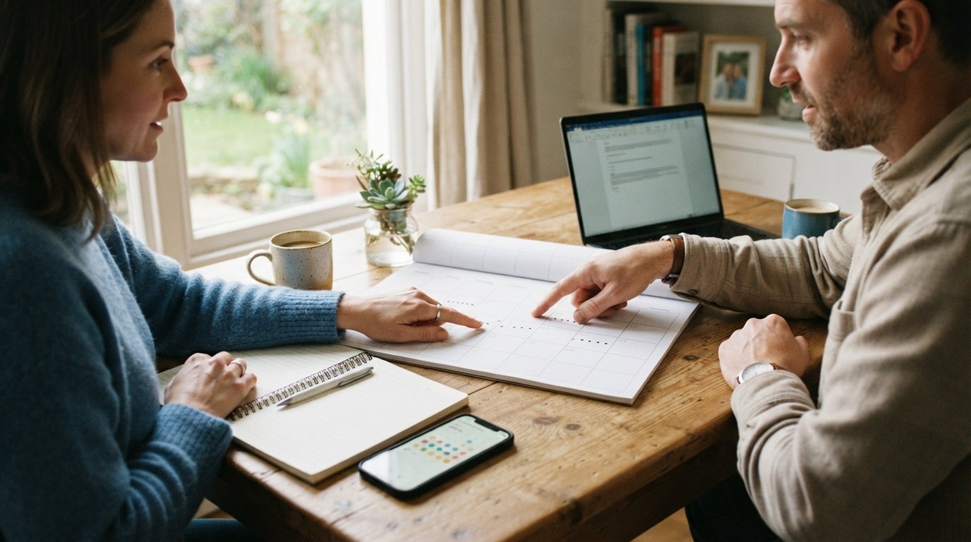 Two adults' hands point at dates on a paper calendar on a wooden table beside a smartphone, notebook, pen, and two coffee…