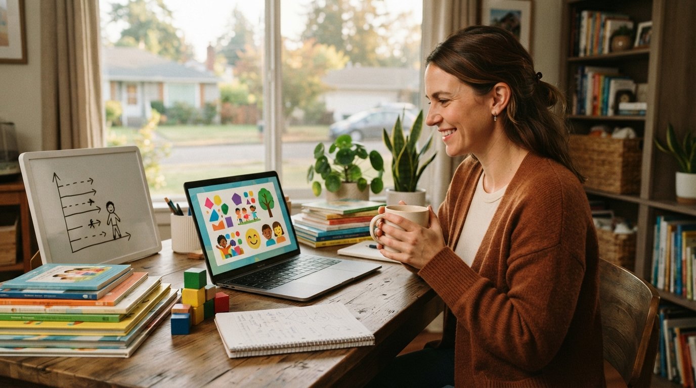 Woman in her 30s smiling at a laptop displaying a colorful early childhood education module, surrounded by children's books…
