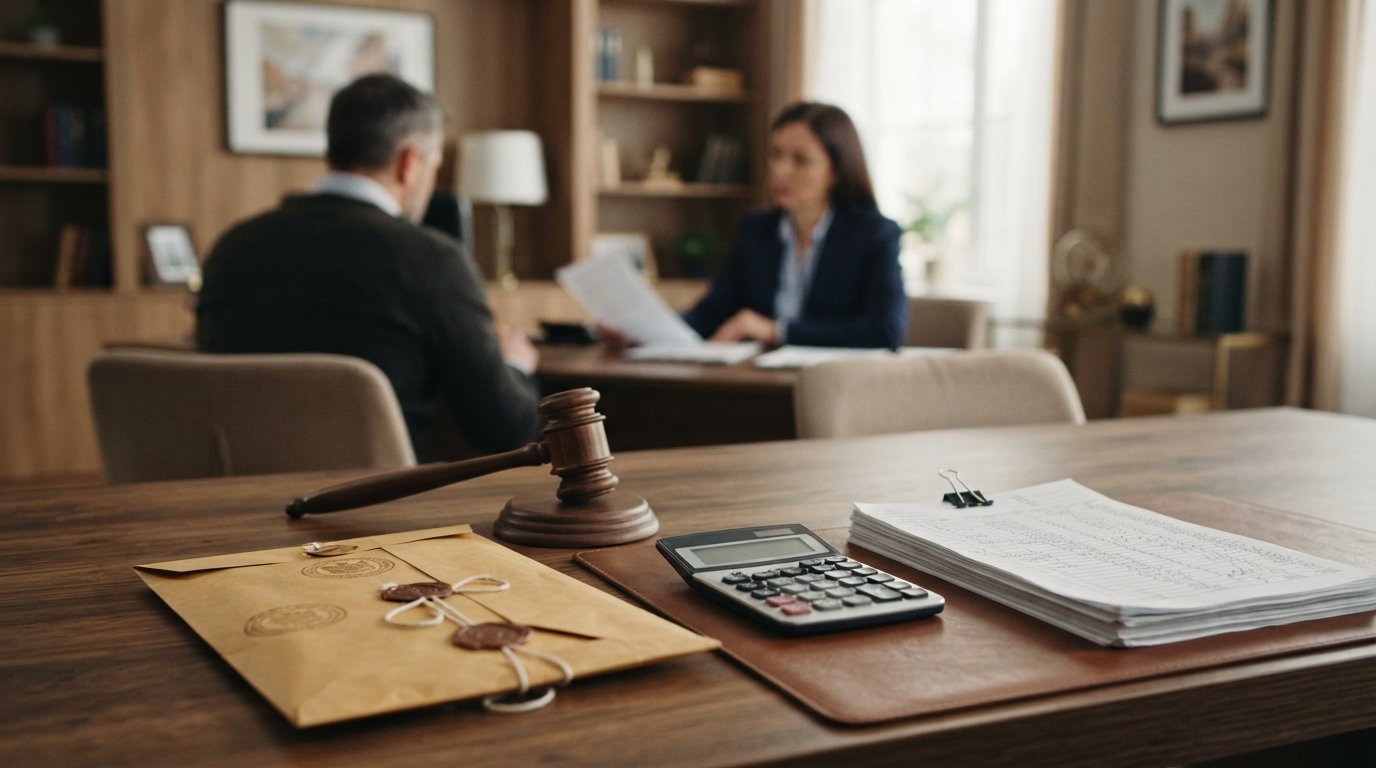 Wooden desk with a gavel, sealed manila envelope, calculator, and financial ledger papers in a softly lit family law office