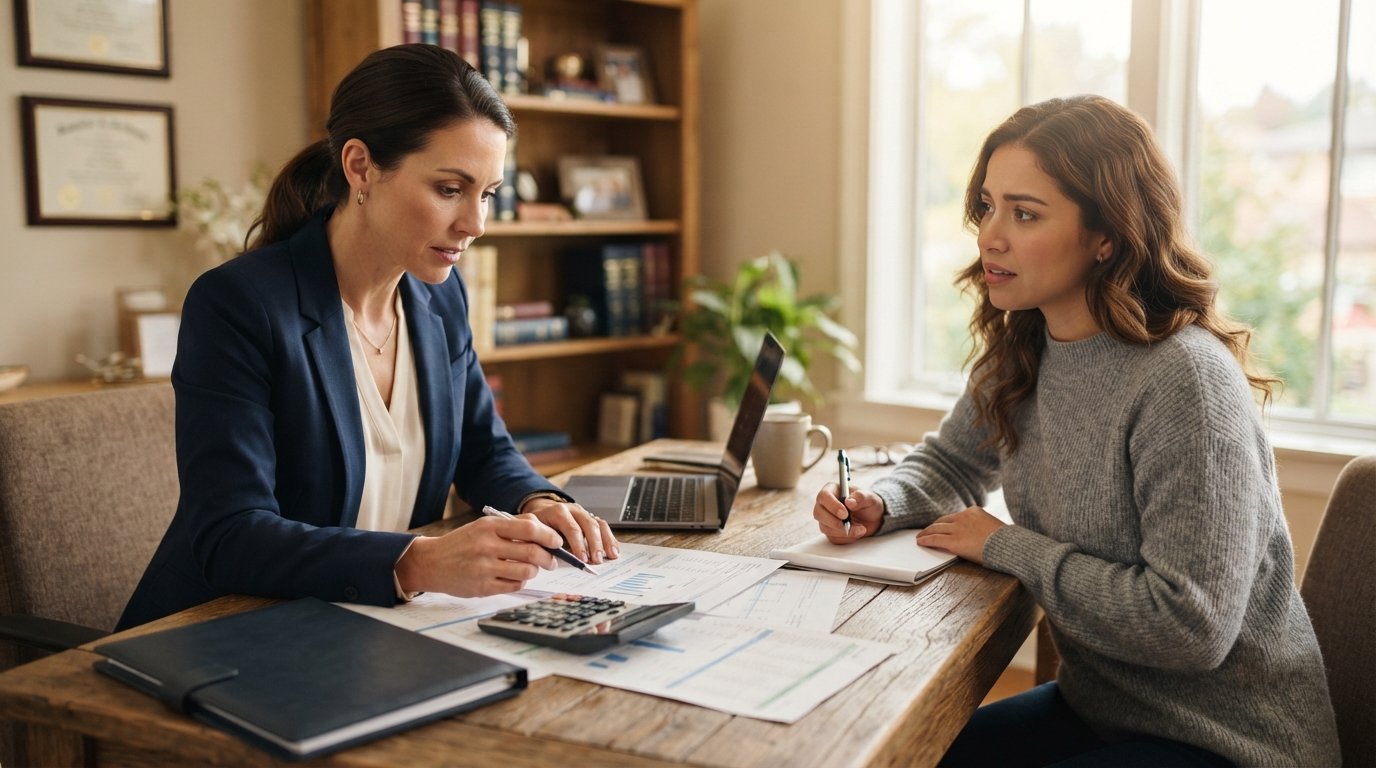 Attorney in navy blazer reviews financial papers and calculator with a client in a sunlit office