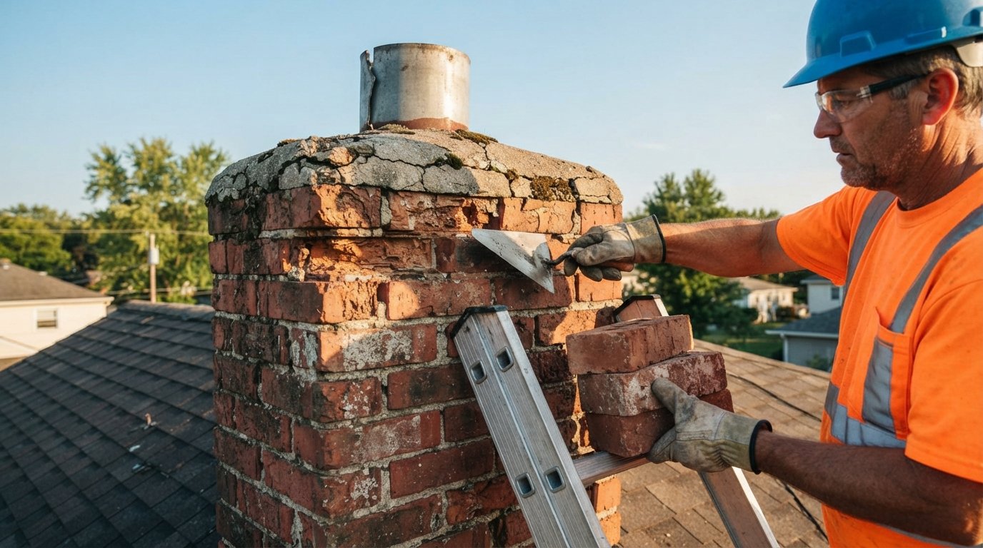 Mason in hard hat and gloves on a ladder inspecting a weathered red brick chimney with cracked crown and spalling bricks on…