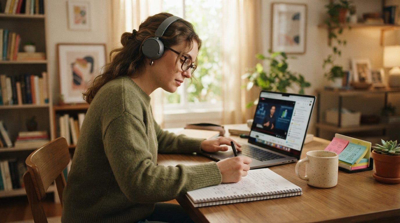 Student with headphones writing in a spiral notebook beside an open laptop showing a video lecture, with sticky notes, a…