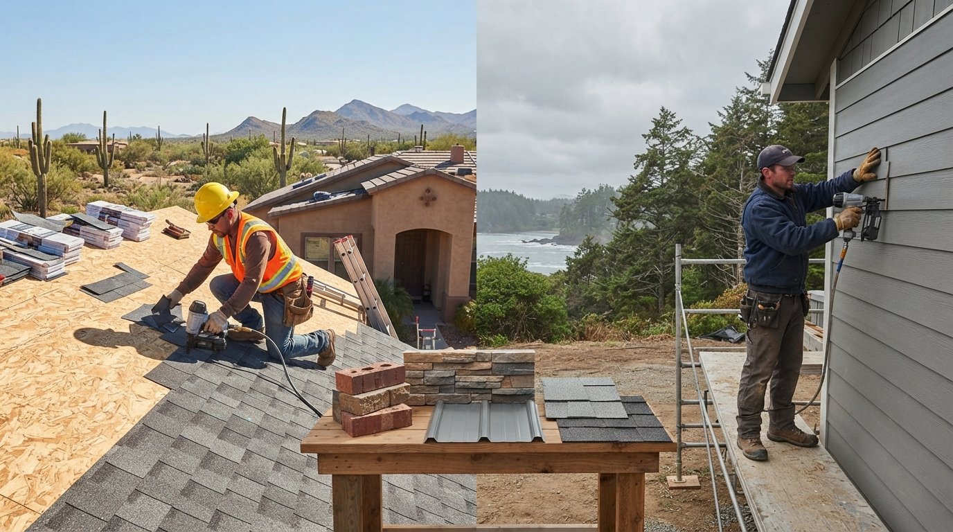 Two construction workers installing impact-resistant asphalt shingles in a desert setting and fiber cement siding on a…