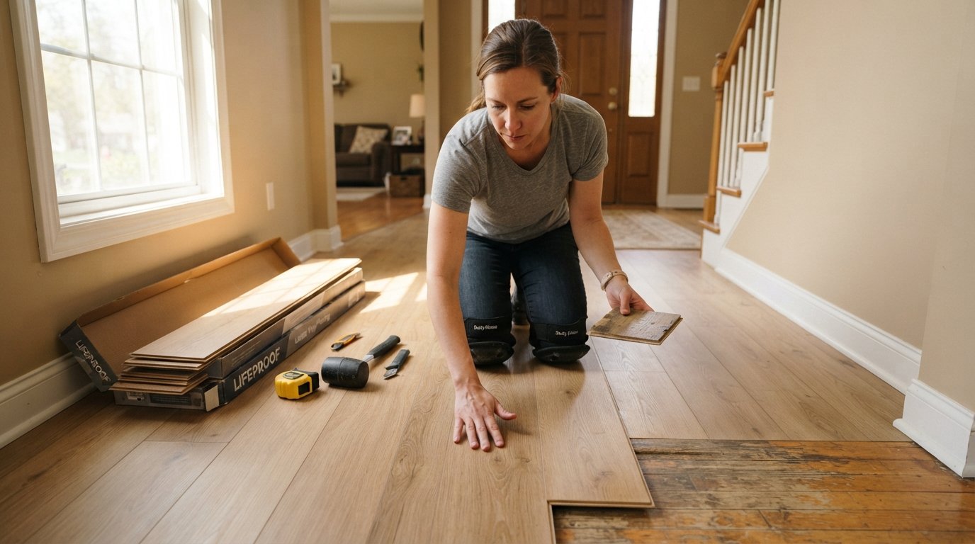 Homeowner kneeling in a hallway, comparing a laminate sample to worn hardwood beside an open box of vinyl plank flooring…