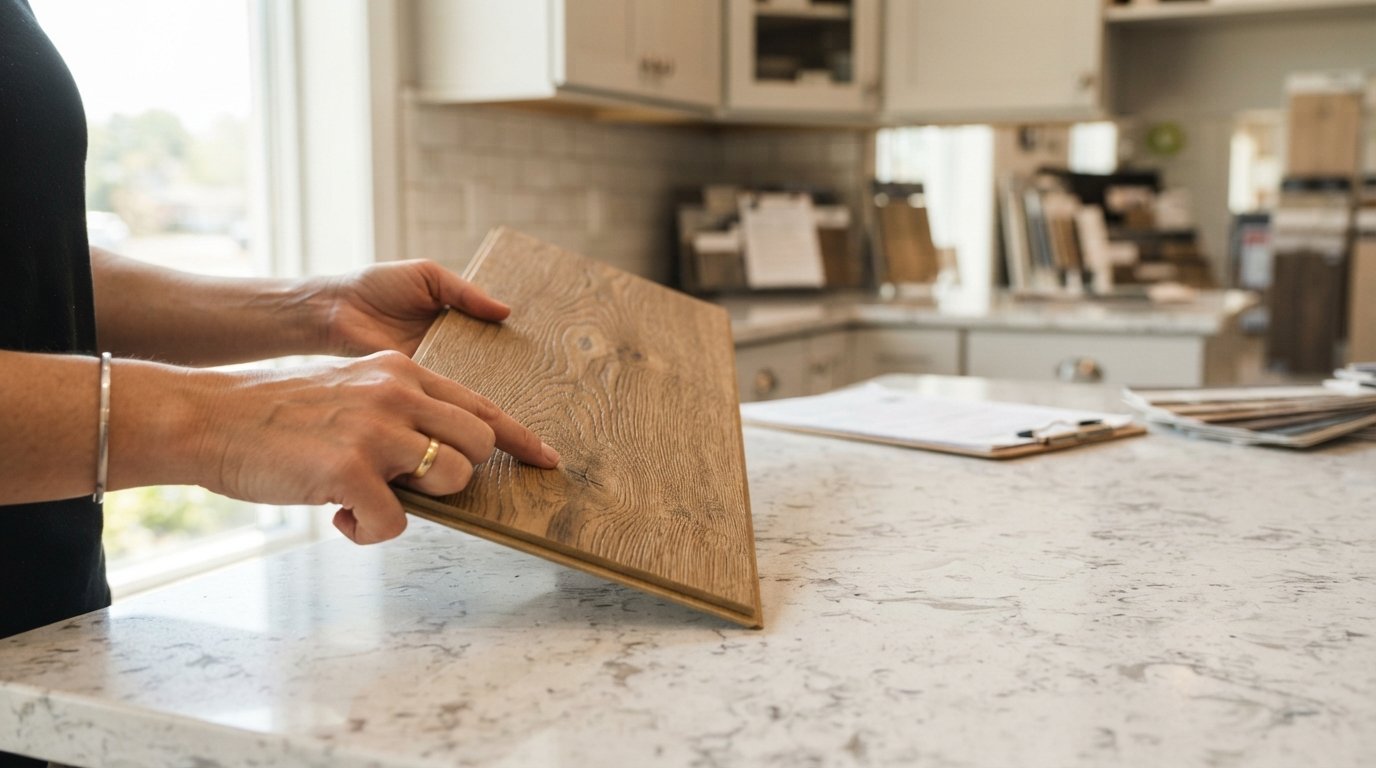 Hands holding a wood-grain luxury vinyl plank sample above a quartz countertop swatch in a bright showroom