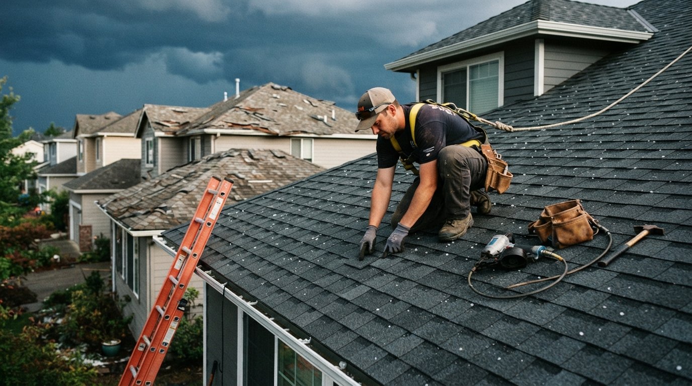Roofing contractor in safety harness kneeling on impact-resistant asphalt shingles, examining sealed nails as dark storm…