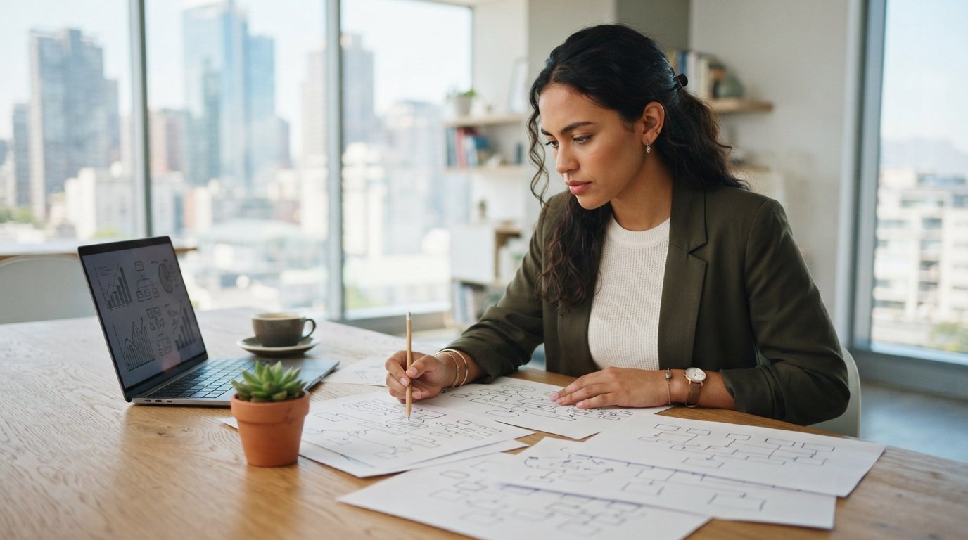 Entrepreneur in business-casual attire reviewing paperwork at a wooden desk with a laptop, coffee cup, and small potted…
