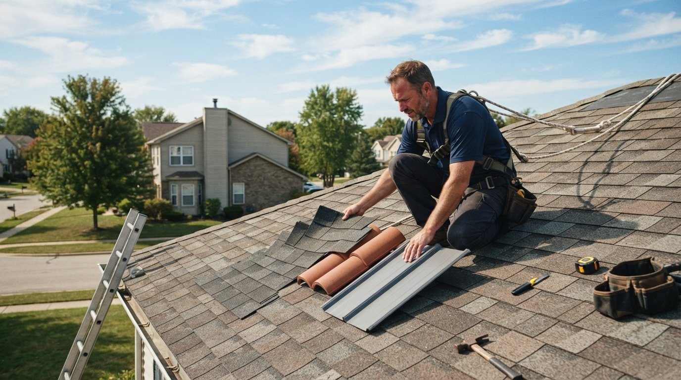Roofing contractor in a navy work shirt and safety harness kneeling on a sloped suburban roof, comparing asphalt shingle,…