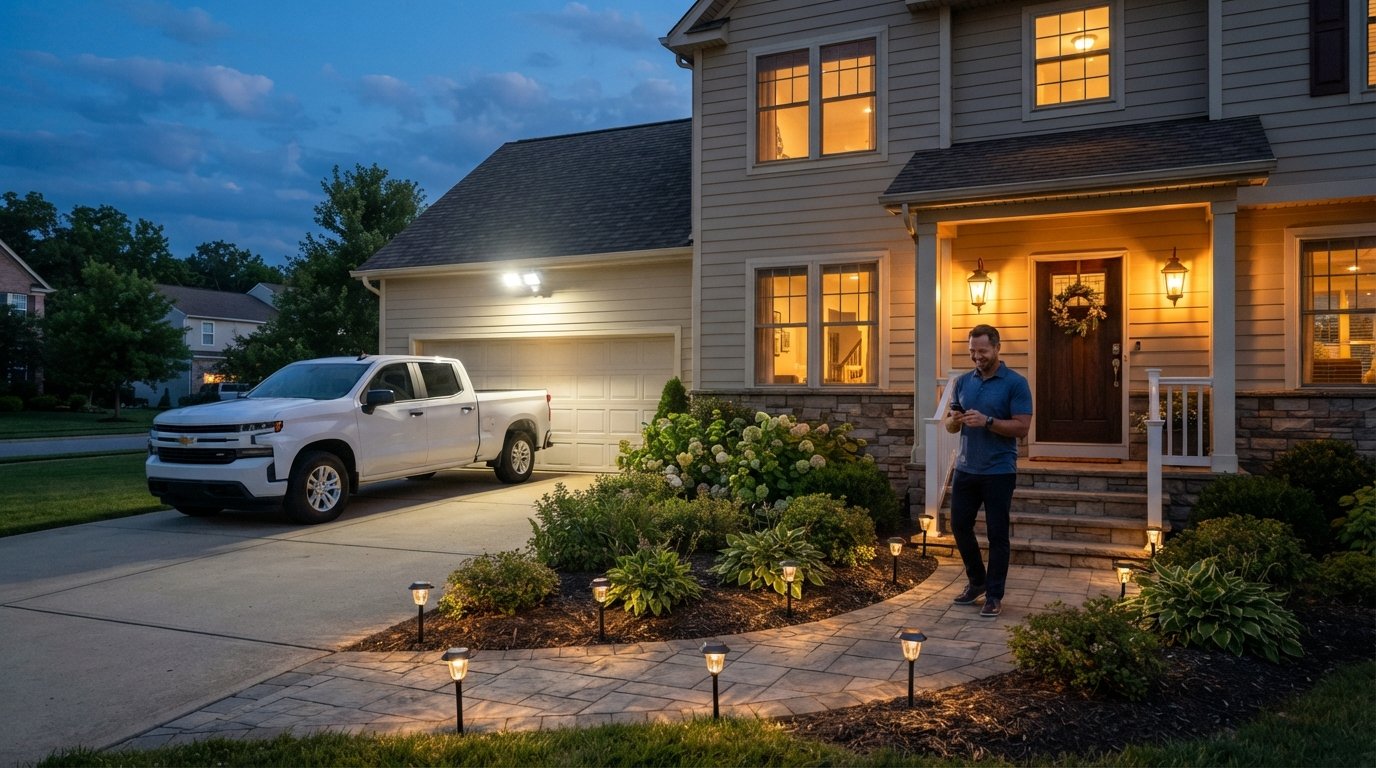 Two-story suburban home at dusk with a motion-activated floodlight over the driveway, lantern sconces by the front door,…