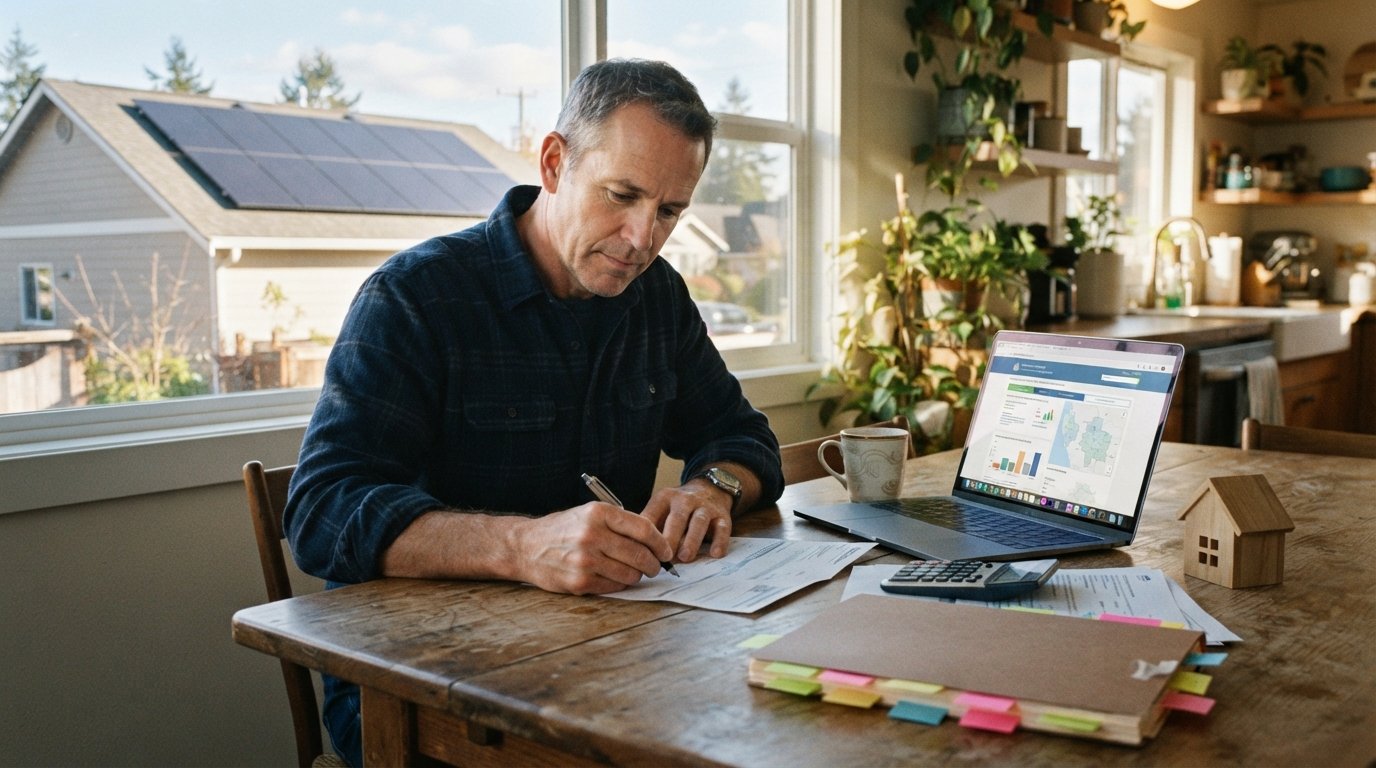 Homeowner at a kitchen table comparing a utility bill and laptop with a rooftop solar array visible through the window