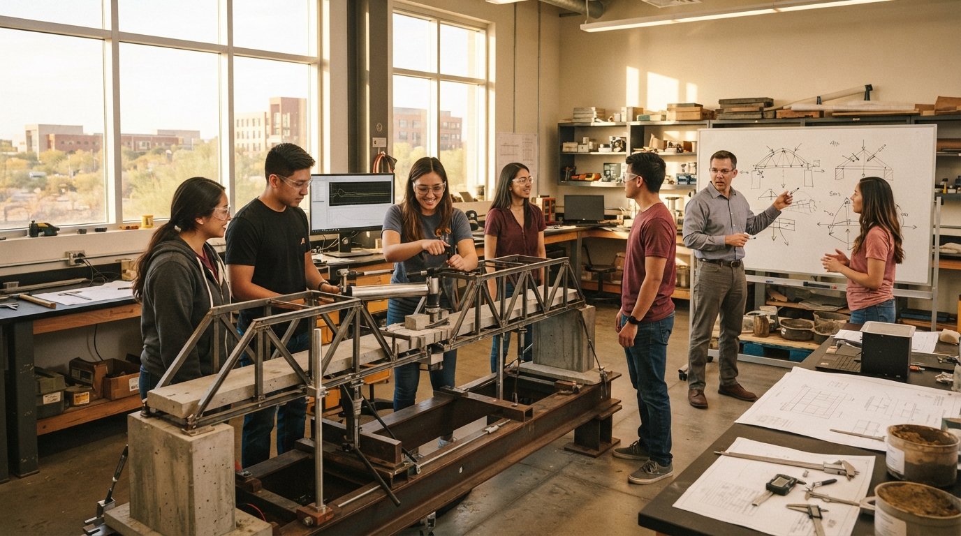 Students in safety glasses collaborate around a steel and concrete bridge model with hydraulic testing equipment in a…