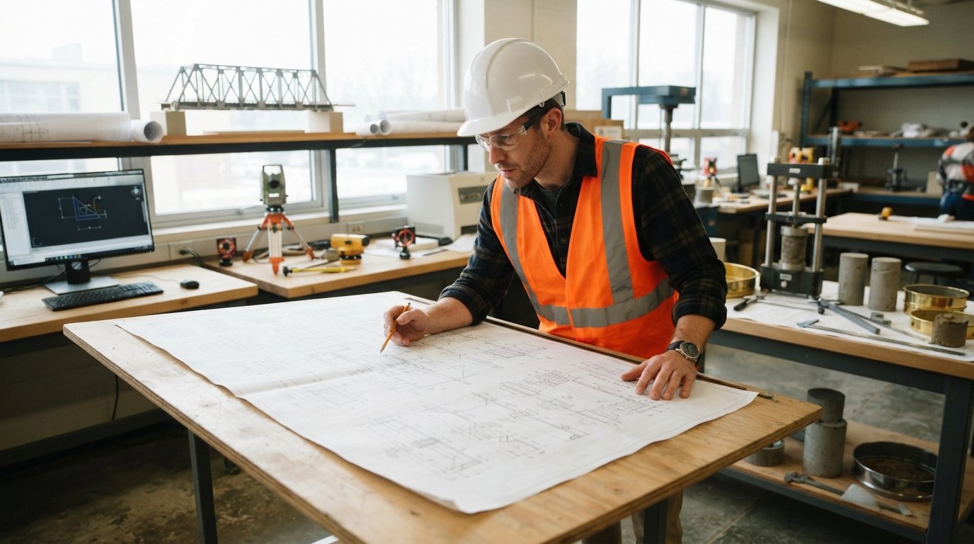 Student in hard hat and safety vest studies a large blueprint at a drafting table beside a CAD monitor, surveying…
