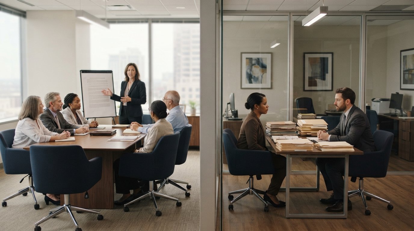 Two attorneys in a law office: one presents a unified document to a seated group, another meets one-on-one with a claimant…
