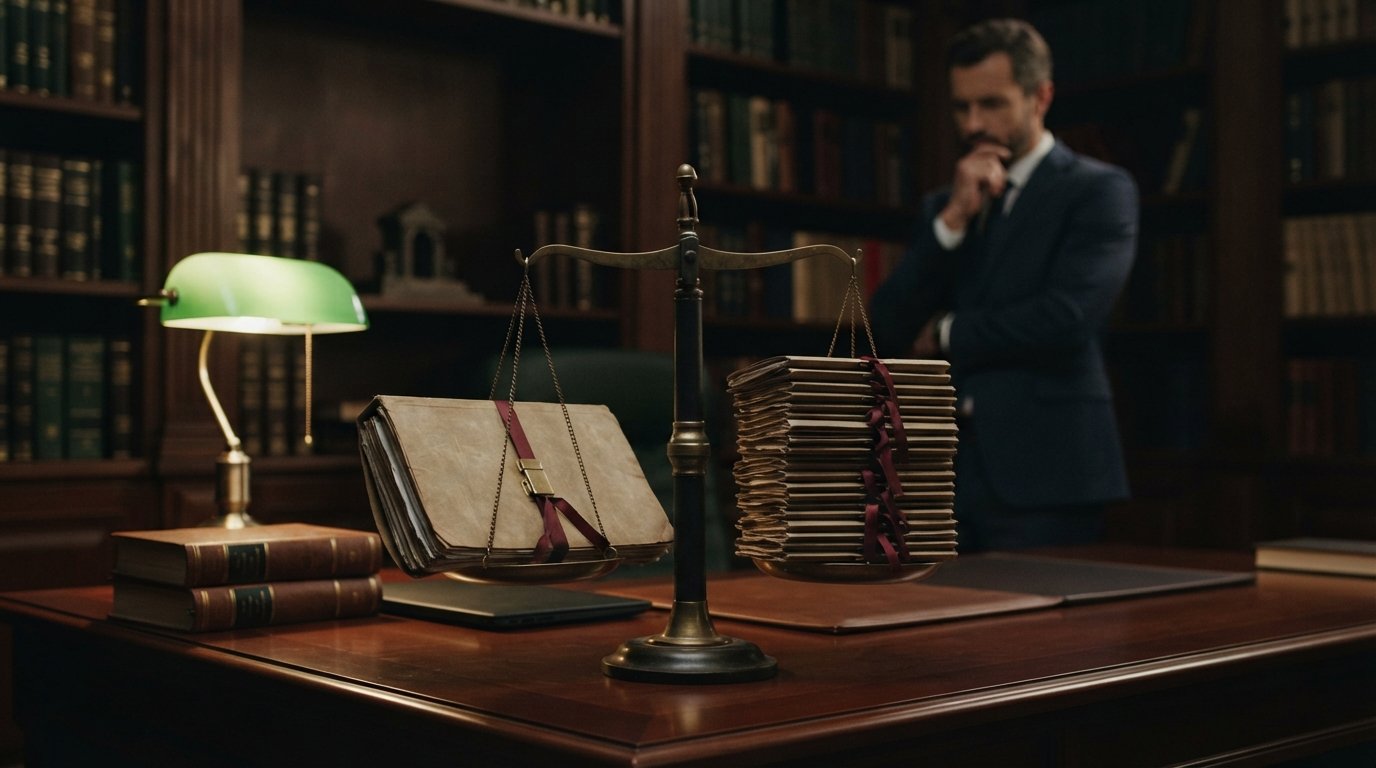 Balanced scale of justice on a wooden desk in a law library, one side holding a single folder, the other a stack of smaller…