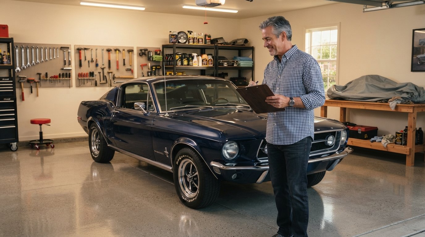 Deep blue restored 1967 Ford Mustang fastback in a well-lit garage as a man with a clipboard inspects it