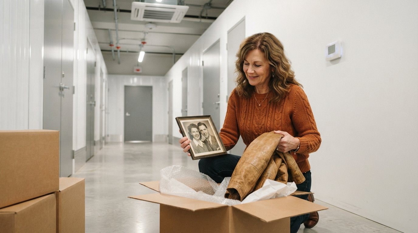 Woman kneeling beside an open box in a clean, temperature-controlled storage hallway, holding a framed photo and folded…