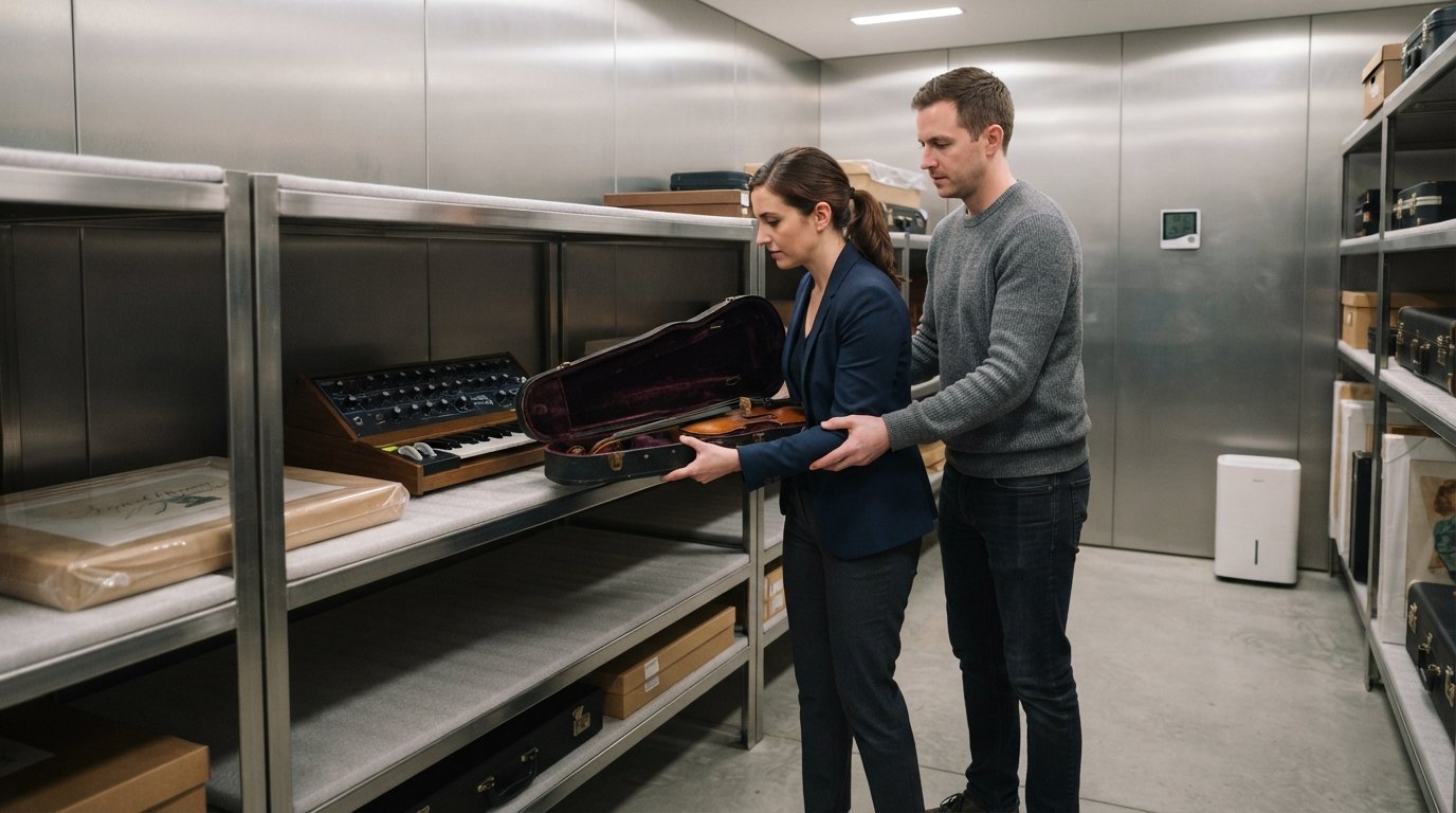 Two people place a violin in a velvet-lined case onto a padded rack beside a wrapped lithograph, synthesizer, hygrometer,…