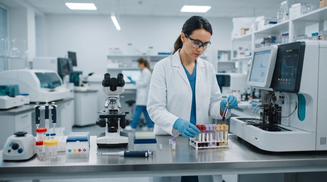 Lab technician in white coat and blue gloves inspects blood specimen tubes beside a chemistry analyzer and microscope on a…