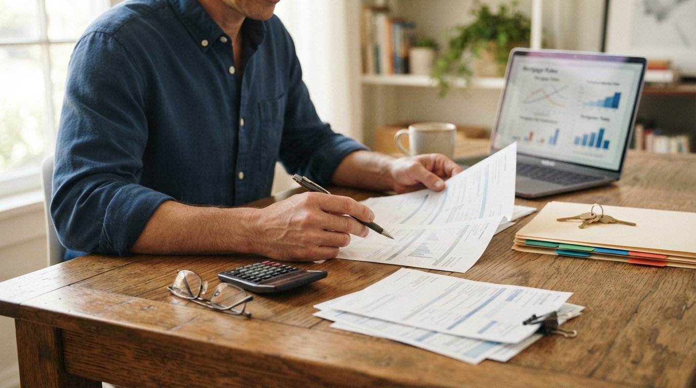Person in button-down shirt reviewing a multi-page loan estimate at a wooden desk with pen, calculator, glasses, paperwork,…