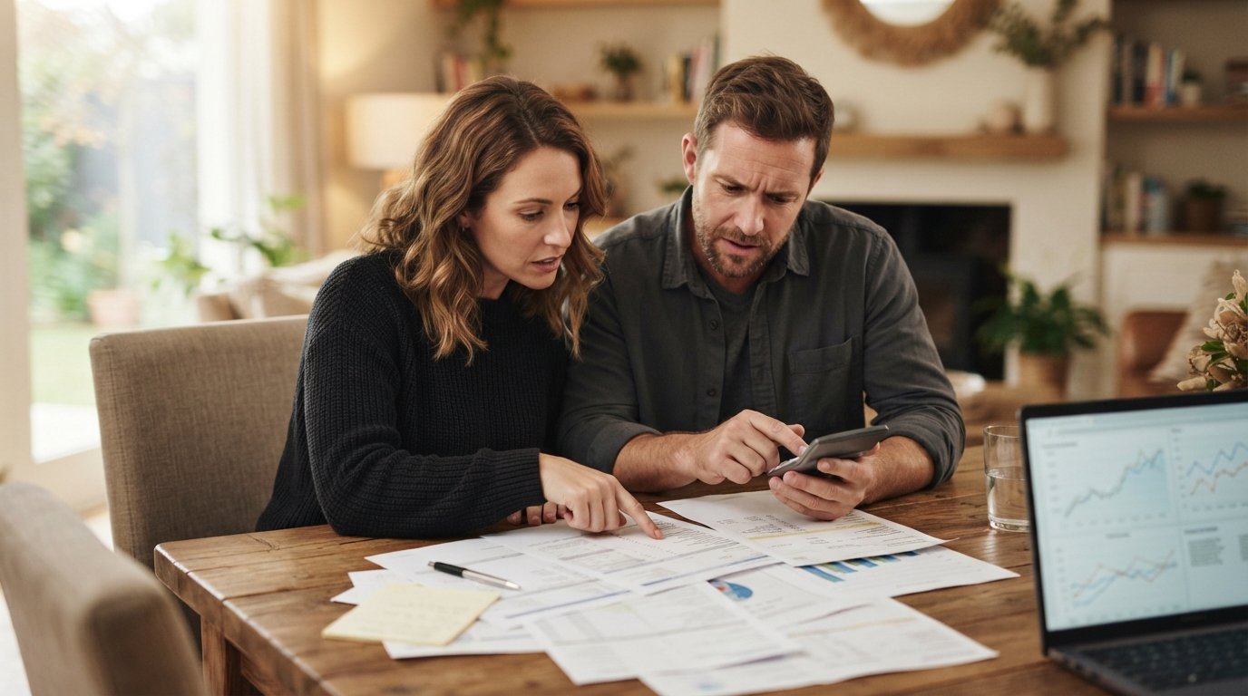 Couple at a dining table reviewing mortgage paperwork with a calculator and laptop showing financial charts