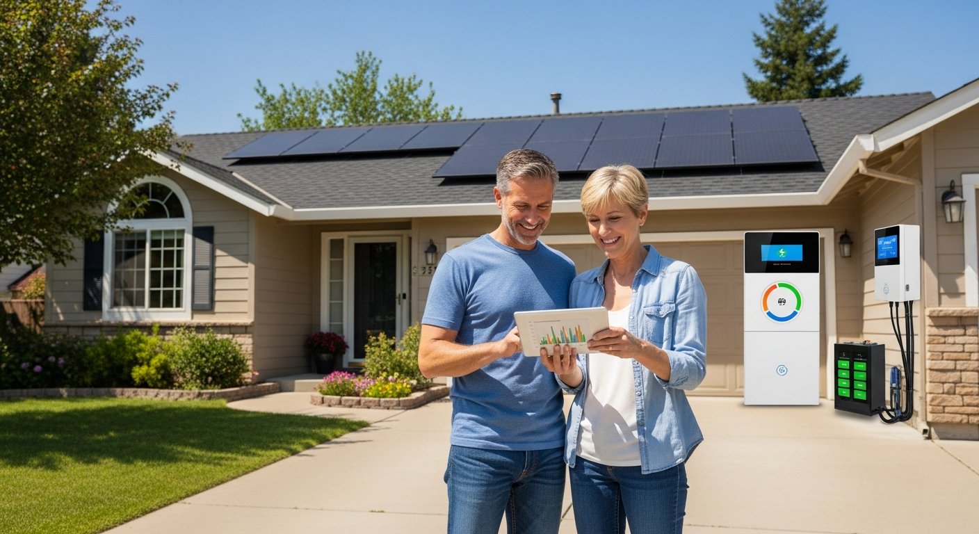 Middle-aged couple standing in a sunny driveway, reviewing a tablet next to their home with rooftop solar panels and a…