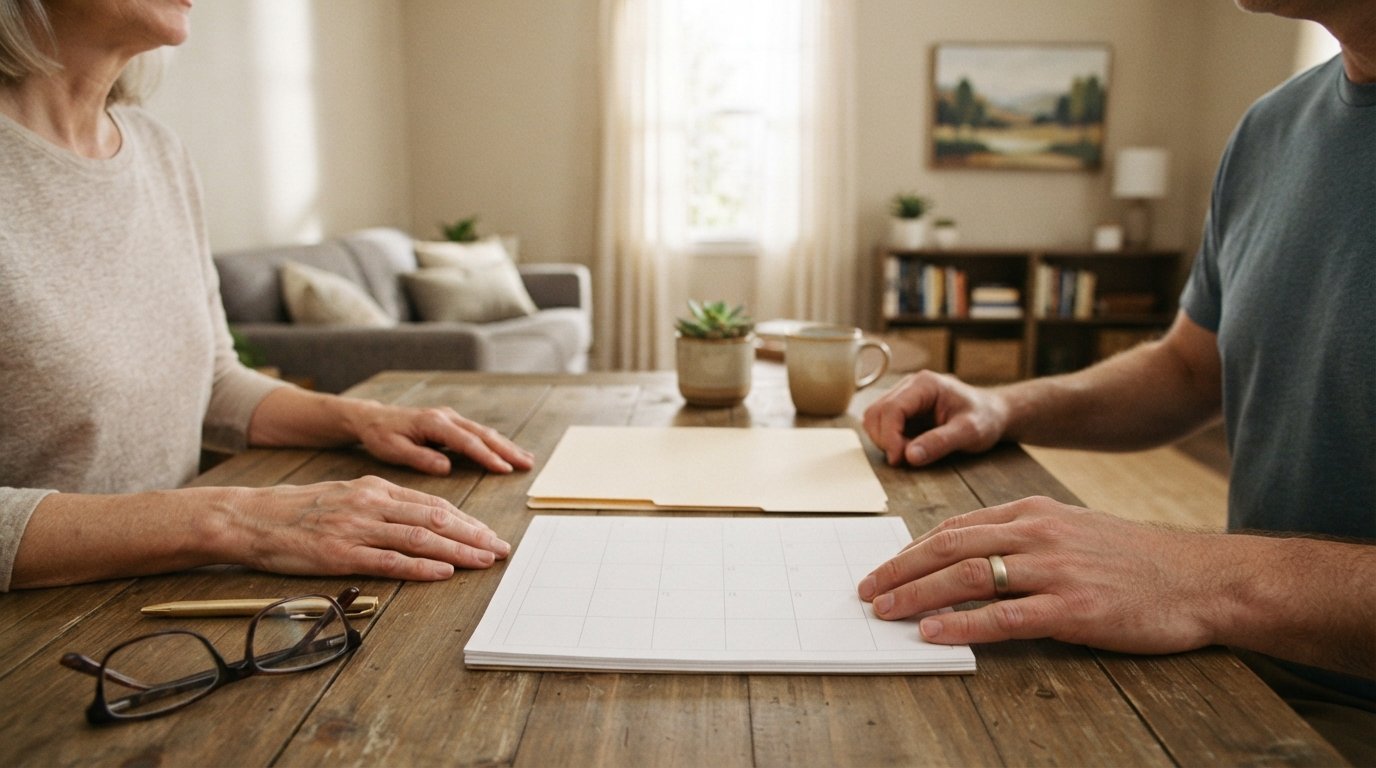 Two adults' hands rest on either side of an open calendar planner and manila folder on a wooden desk in a sunlit home office