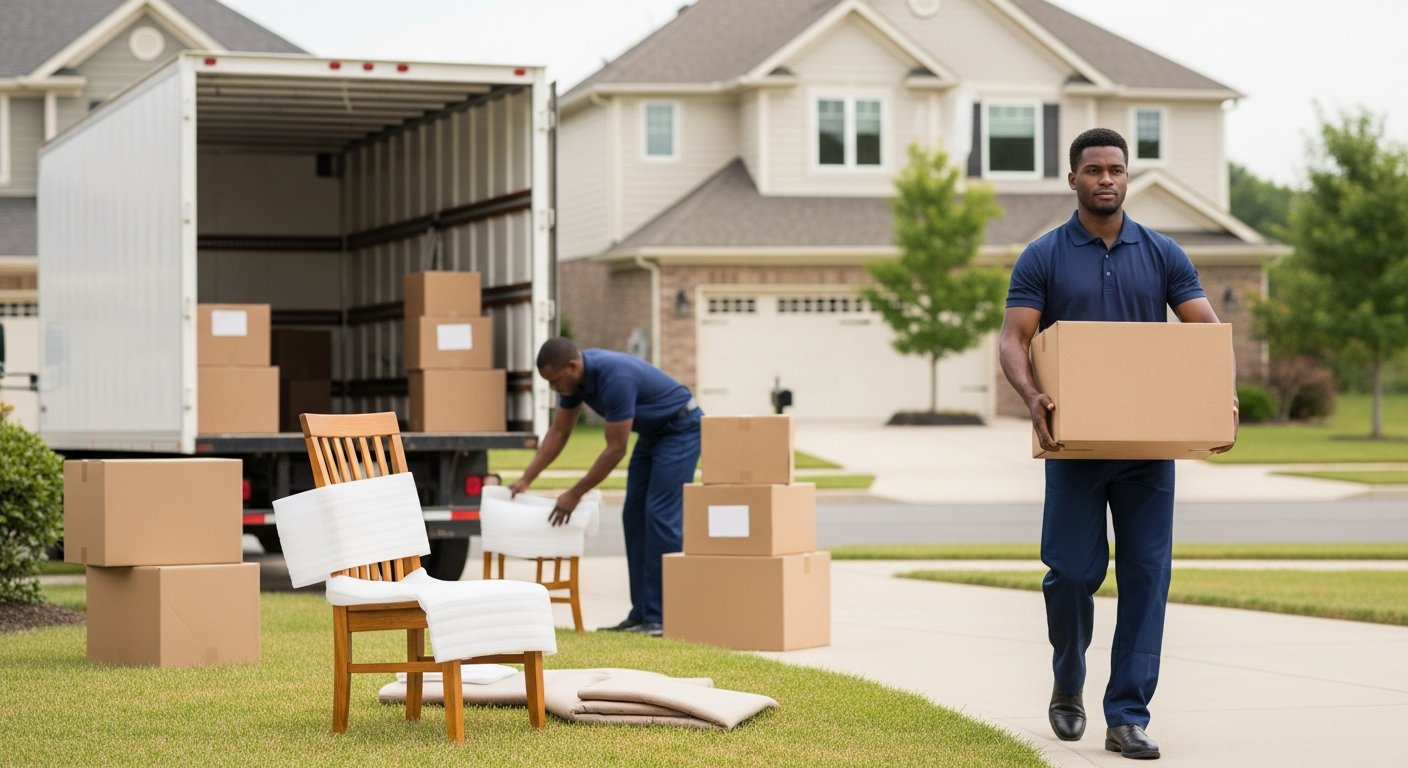 Two movers in navy uniforms carry a labeled box toward an open moving truck in a suburban driveway