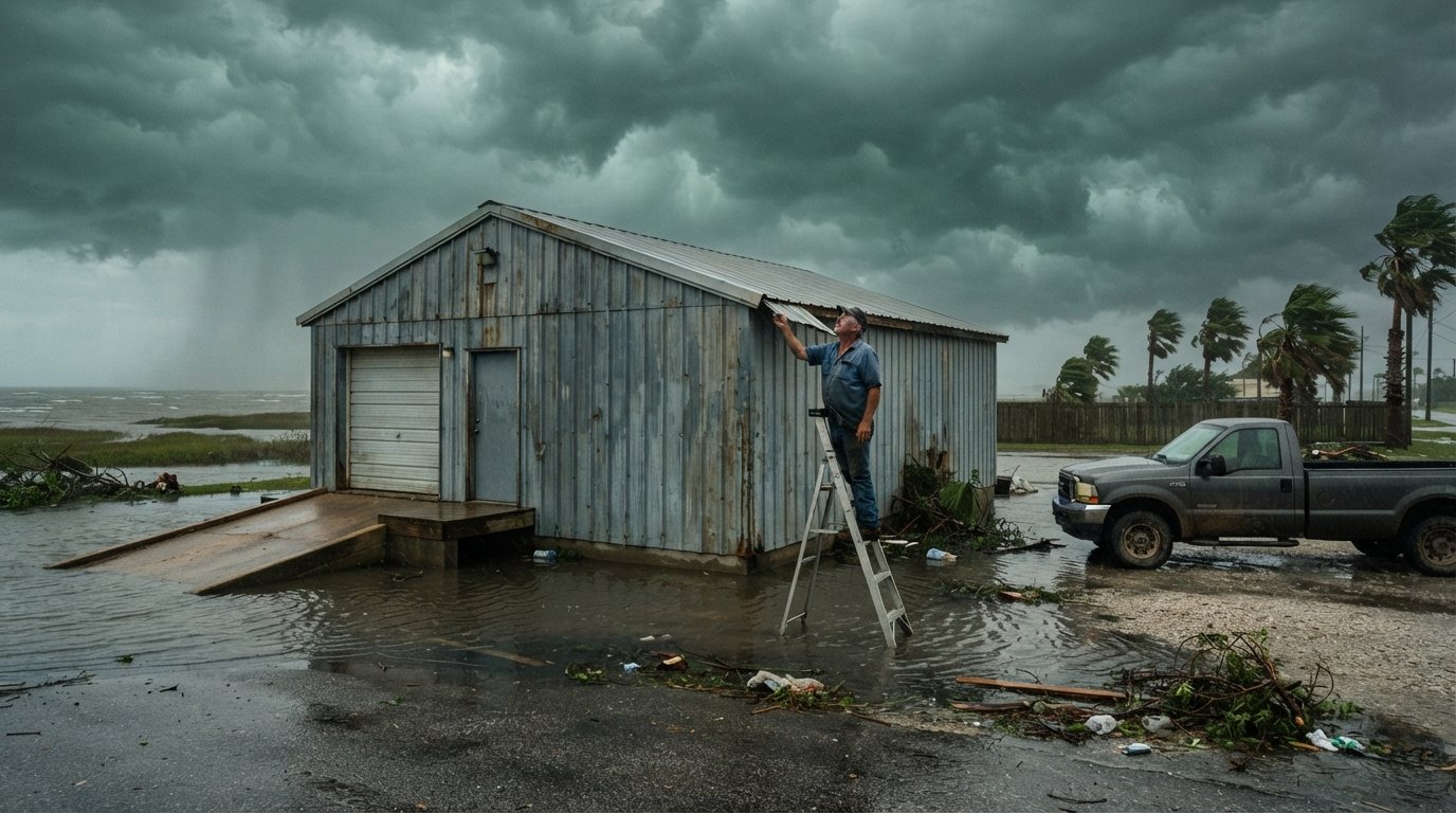 Business owner in a work shirt and cap inspecting the roofline of a metal-sided contractor's shop as floodwater pools near…
