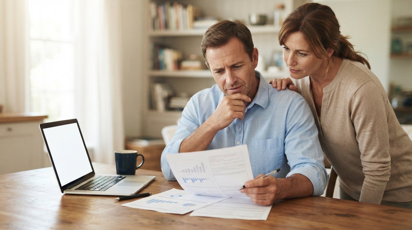Man in blue shirt reviewing insurance paperwork at a kitchen table while a woman looks over his shoulder