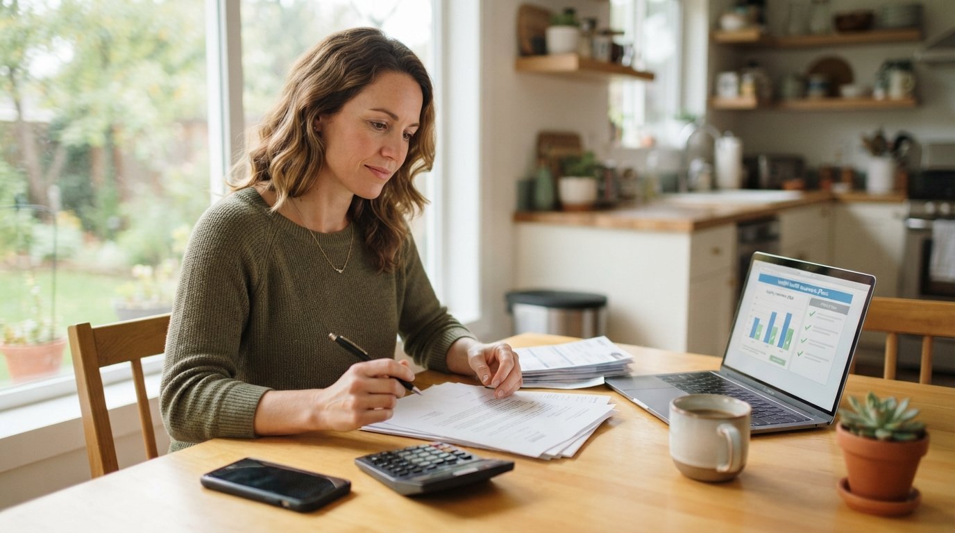 Woman at a kitchen table reviewing a COBRA letter, bills, and a laptop showing a health insurance comparison chart