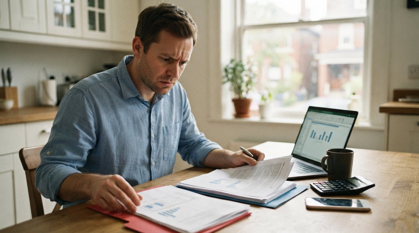 Man in a light blue shirt at a kitchen table reviewing two health insurance plan documents in red and blue folders beside a…