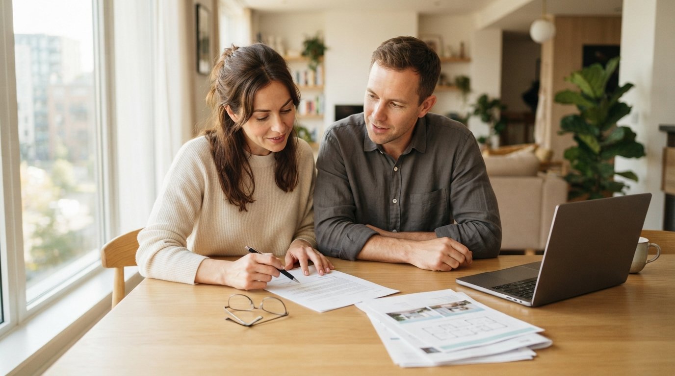Unmarried couple in their thirties reviewing a printed contract at a light-wood table with a laptop, pen, and house documents