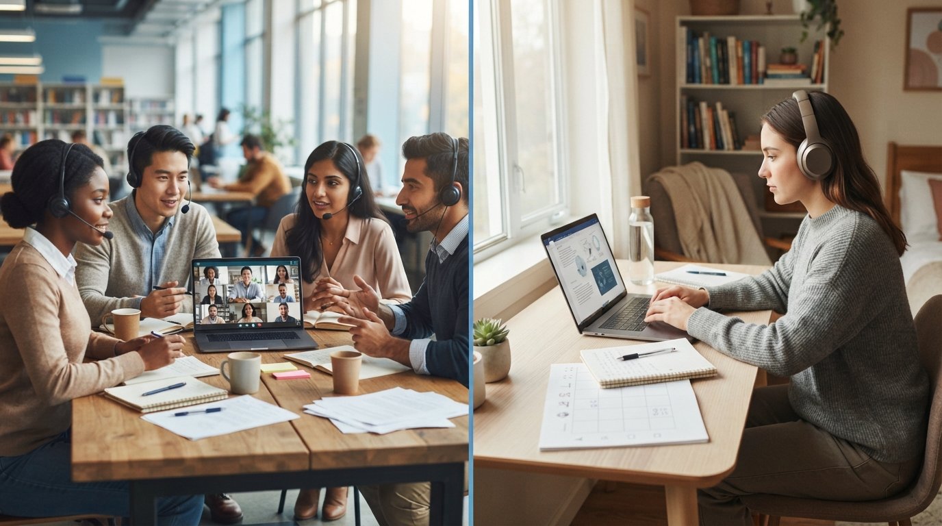 Split-screen comparison of adult learners in a live group video discussion at a library table and one learner studying…