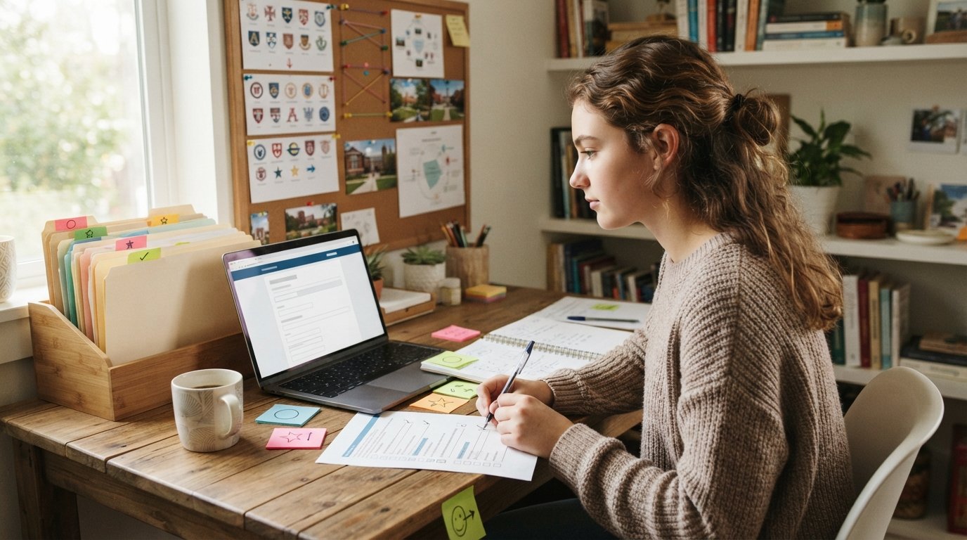 Student at a wooden desk with a printed college application checklist, laptop showing an application portal, sticky notes,…