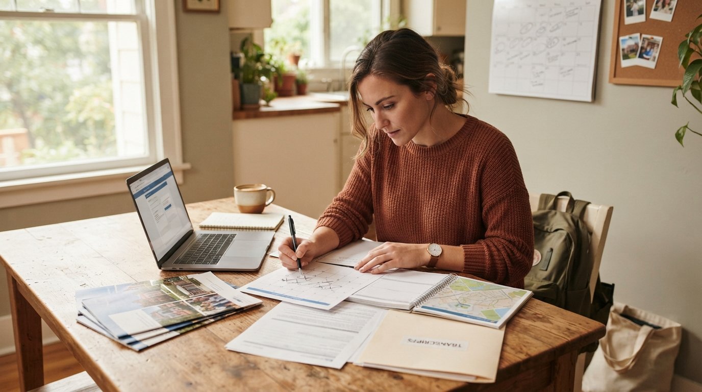 Transfer student at a sunlit kitchen table comparing academic calendars, a planner, and college brochures beside a laptop,…