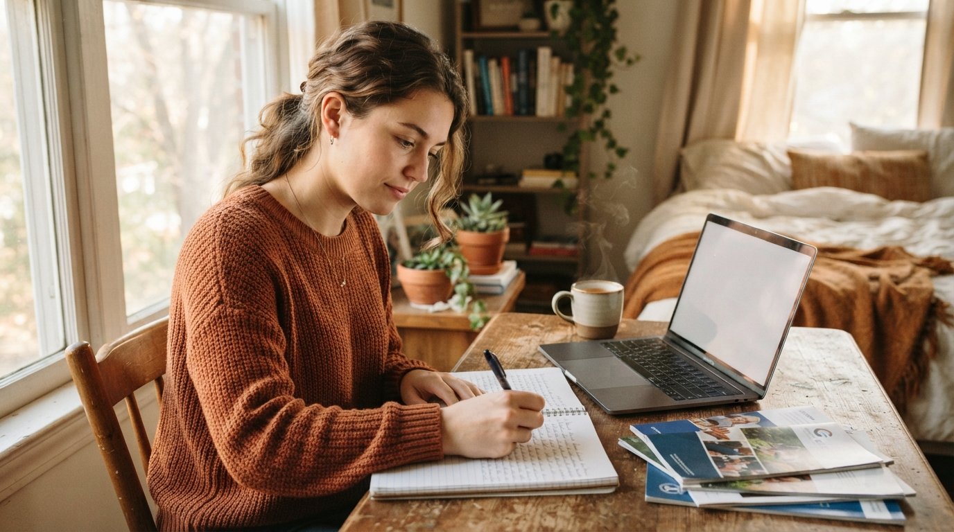Young applicant handwriting an essay in a spiral notebook at a wooden desk with a laptop, mug, and college brochures