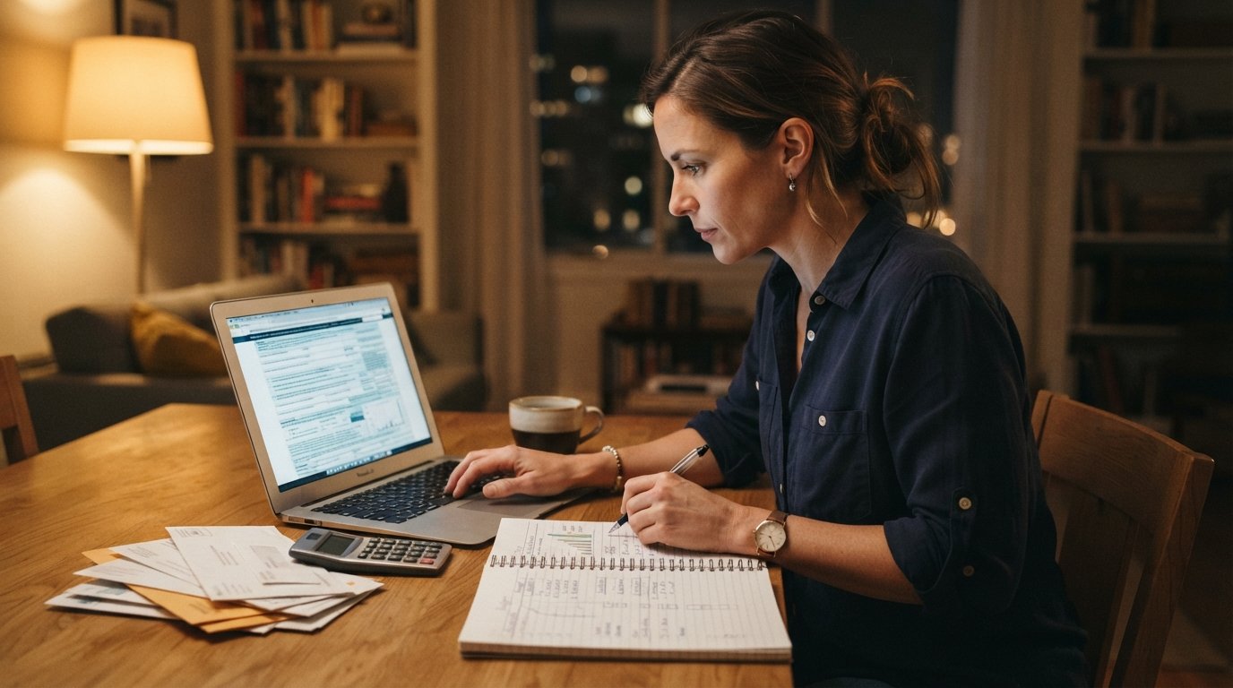 Adult learner at a kitchen table reviewing financial aid forms on a laptop, with calculator, bills, coffee mug, and budget…