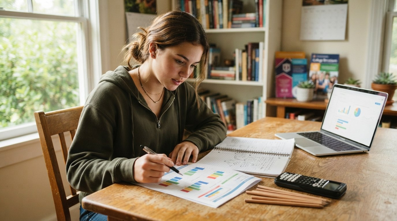 High school junior at a sunlit wooden desk studying a printed score report beside a notebook, pencils, graphing calculator,…