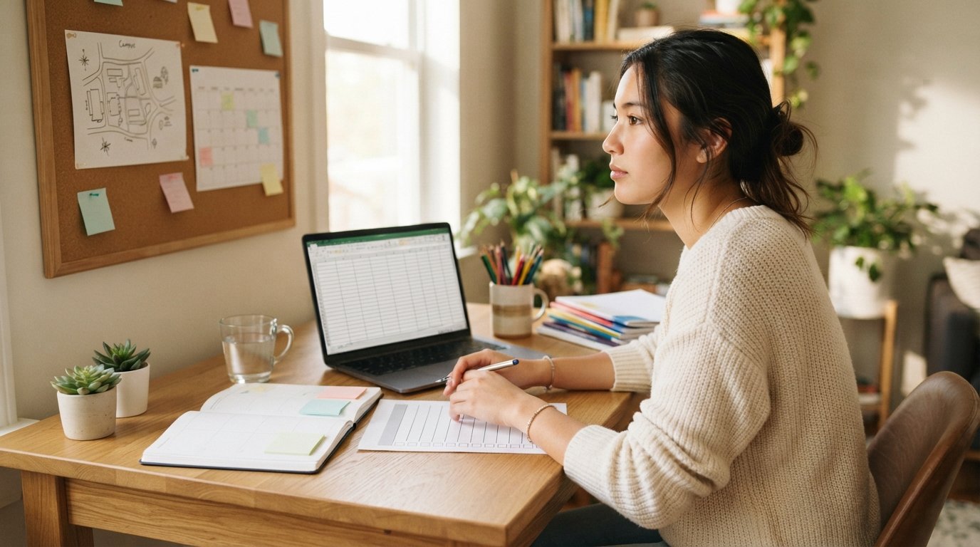 A high school student at a wooden desk reviews a printed college search checklist beside a laptop, brochures, and a…