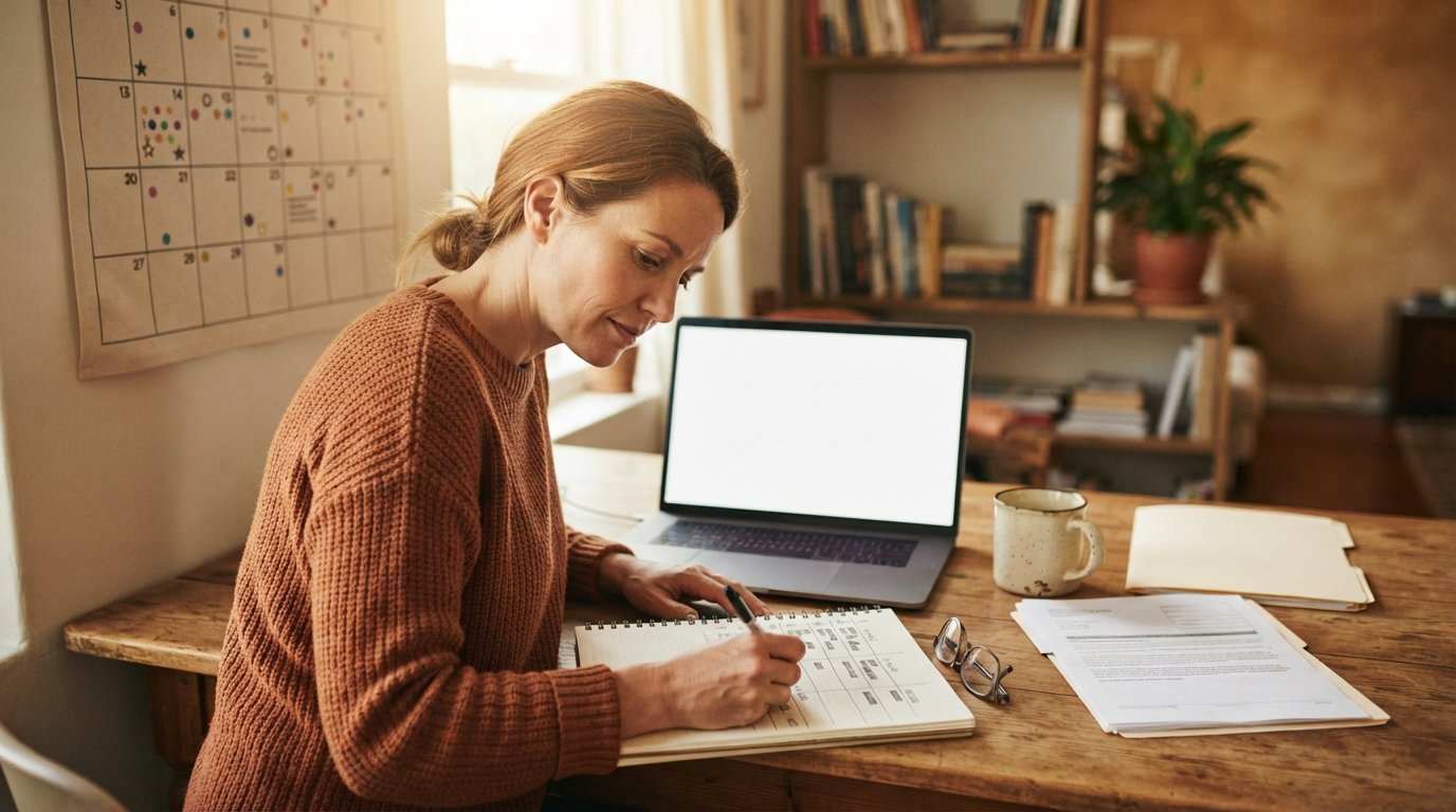 Adult learner in their late 30s sketches a month-by-month college schedule at a wooden desk with a wall calendar, laptop,…
