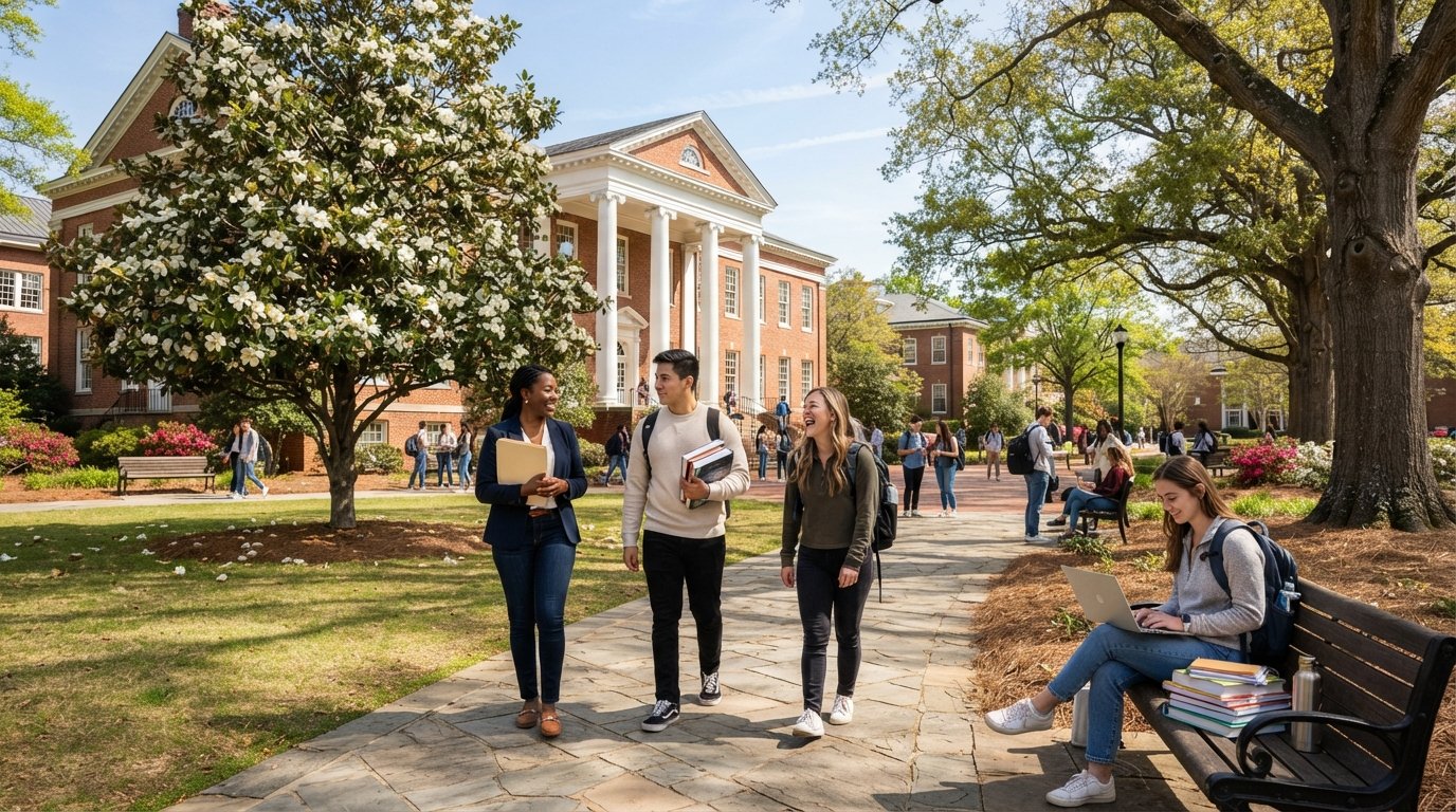 Diverse adult students walk a paved pathway toward a red-brick academic building with white columns, past a blooming…