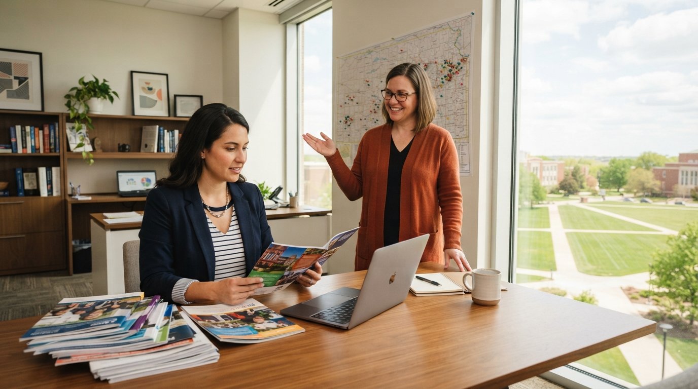 Adult student in a blazer compares two college viewbooks at a wooden table while an advisor points to a wall map of Kansas…