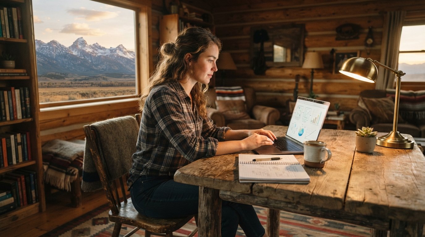 Young adult in flannel studying on a laptop at a rustic wooden desk in a Montana cabin, with notebooks, a mug, and…