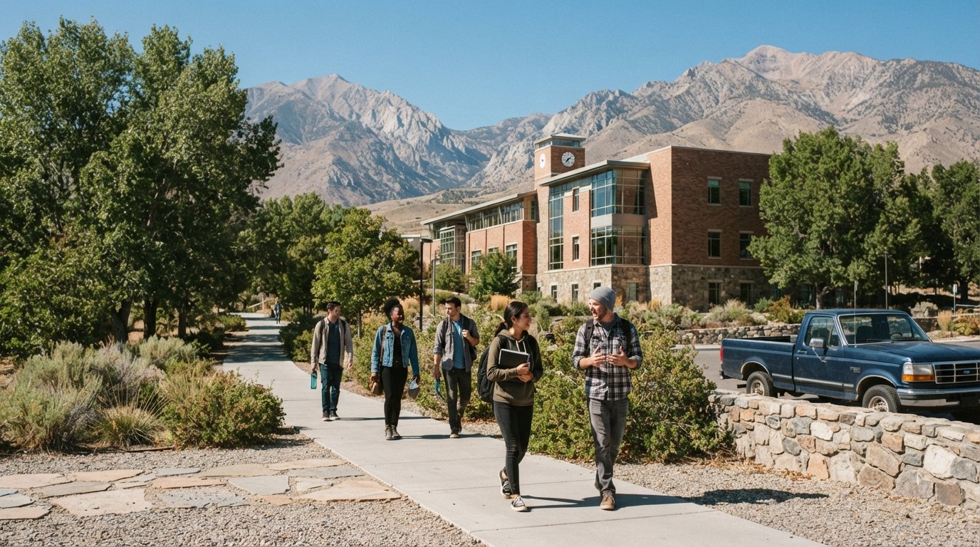 Sunlit brick academic building on a small Nevada college campus, with adult students walking a paved path past cottonwood…