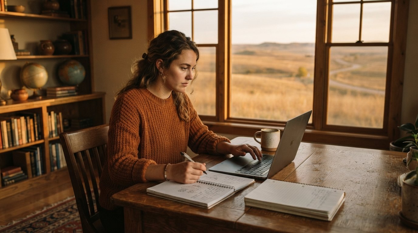 Young adult in a sweater studies on a laptop at a wooden desk with notebooks and a coffee mug, prairie visible through a…