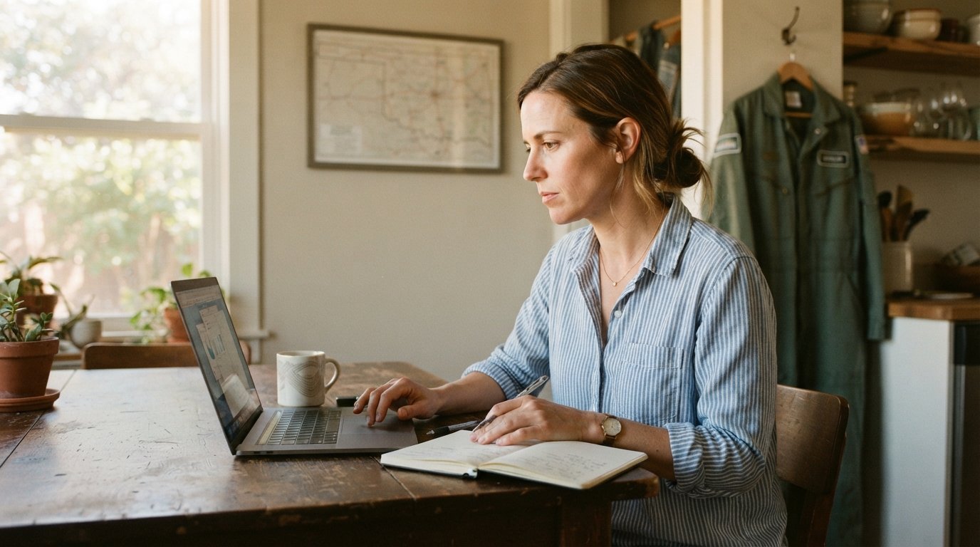Adult in a button-down shirt reviews college program options on a laptop at a kitchen table with a notebook, coffee mug,…