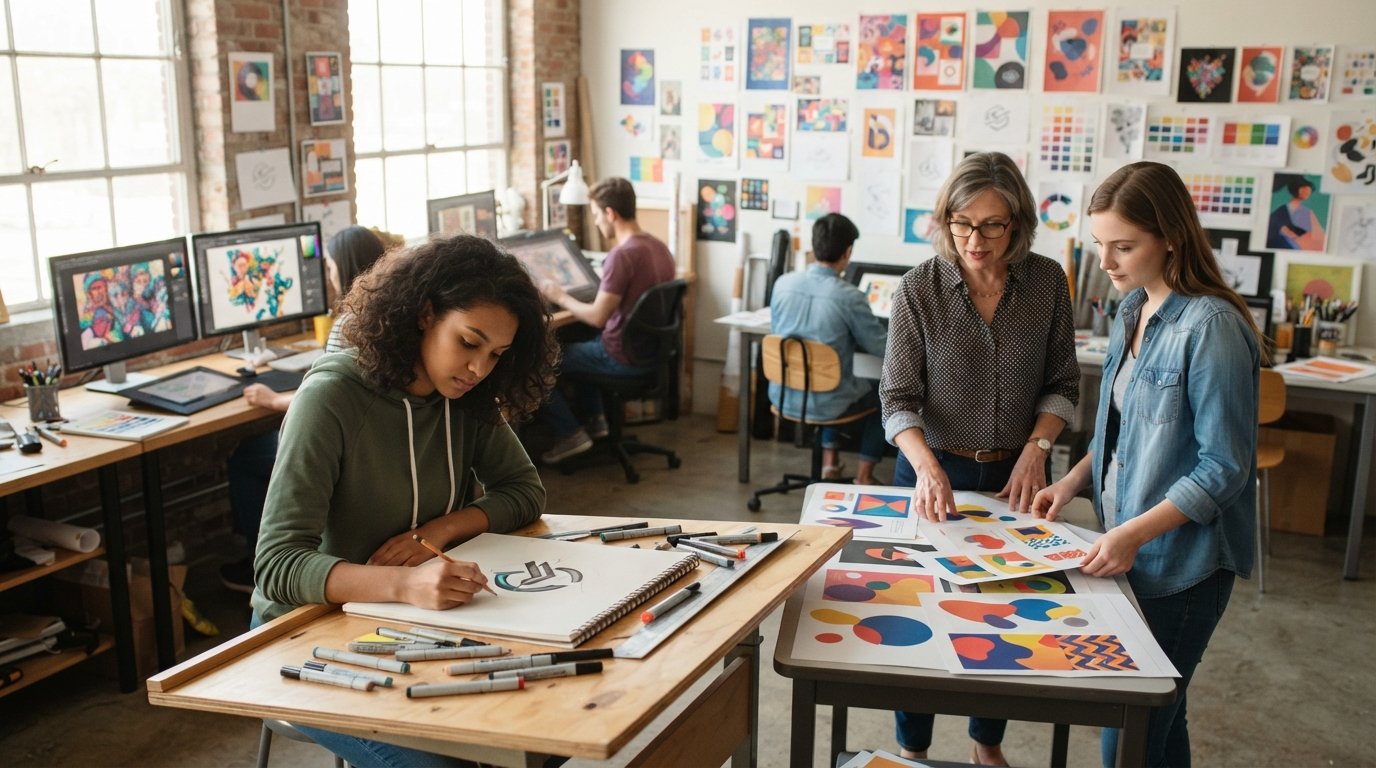 Art students sketching and reviewing ad layouts at drafting tables with dual monitors and drawing tablets in a bright studio